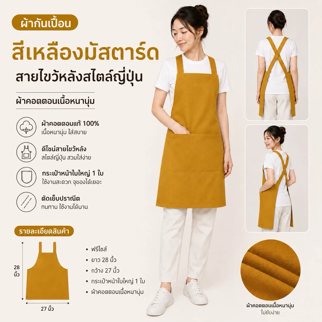 ผ้ากันเปื้อน สีเหลืองมัสตาร์ด ผ้าคอตตอน 100% เนื้อหนานุ่ม
