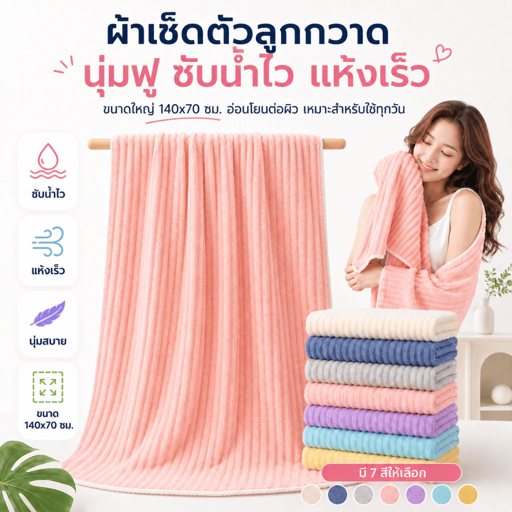YJR-01 【ขนาด140x70ซม.】ผ้าเช็ดตัว ผ้าขนหนูอาบน้ำ ขนนุ่ม ซับน้ำดี ผืนใหญ่ห่อตัวได้ นุ่มไม่บาดผิว สำหรับผู้ใหญ่ ลายคลื่น