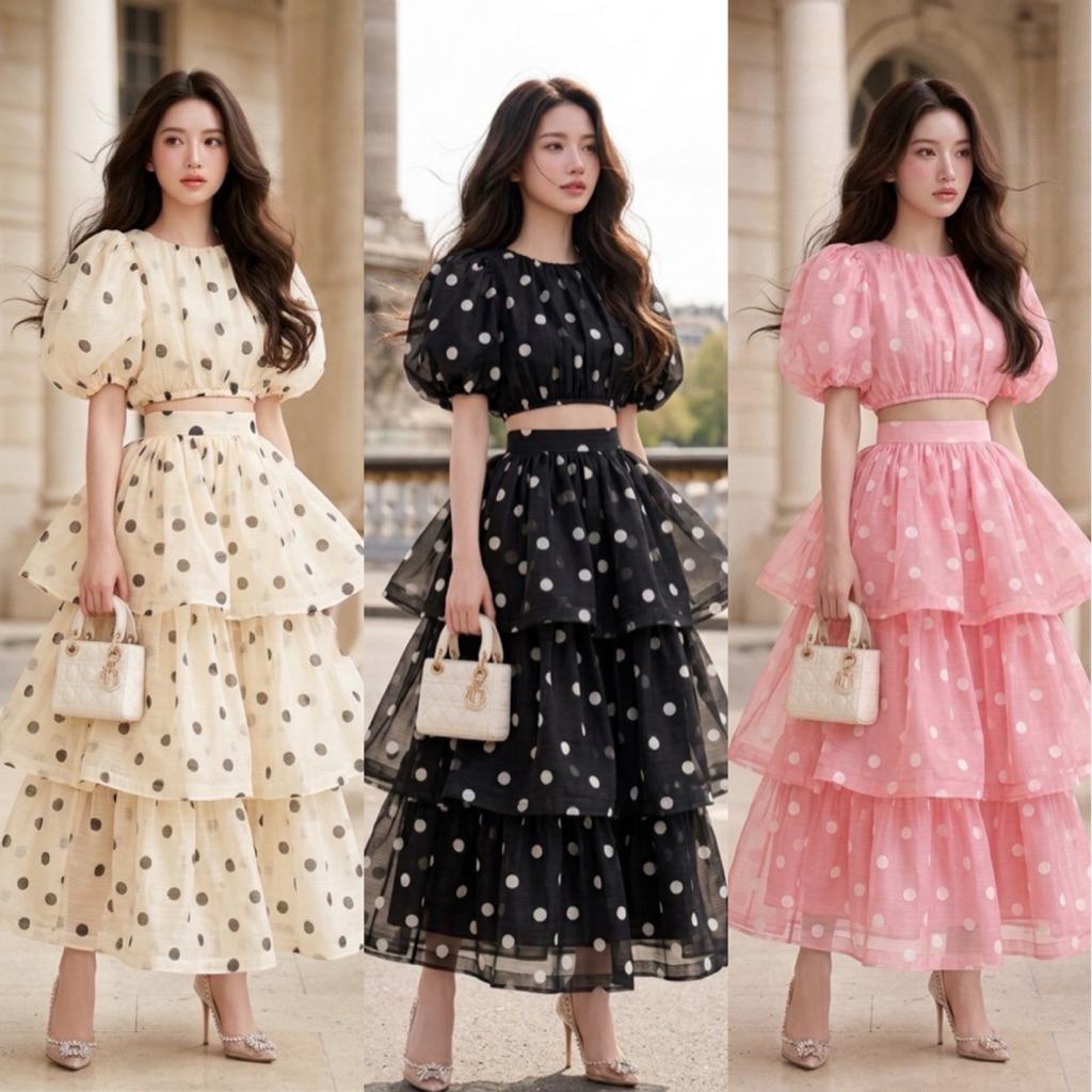 pisamai korea set เสื้อแขนพอง กระโปรงชั้น ลาย Polka Dot