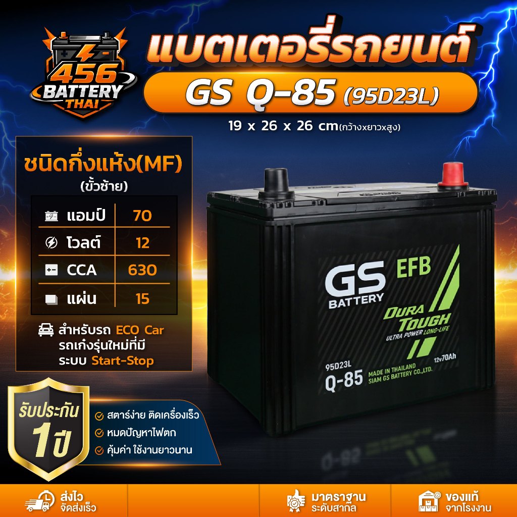 แบตเตอรี่ GS รุ่น Q85 MF กึ่งแห้ง สำหรับรถเก๋ง ECO Car สตาร์ทง่าย ทนทาน ไม่ต้องดูแลน้ำกลั่น พร้อมส่ง