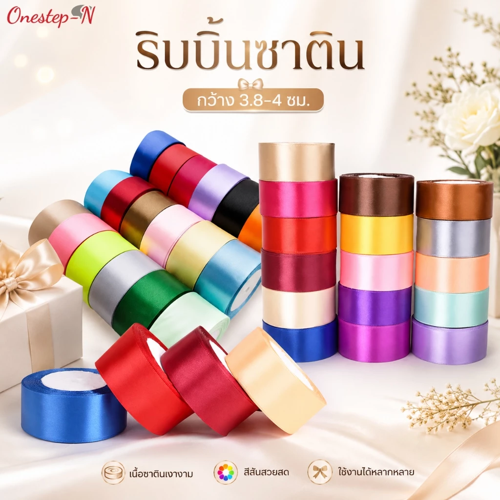 ริบบิ้นผ้าซาติน ด้านเดียว หน้ากว้าง 4 ซม. ยาว 25 เมตร ริบบิ้นเงาสวย สำหรับห่อของขวัญ DIY