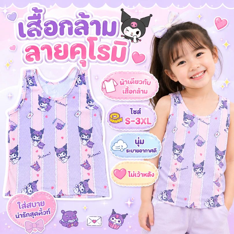 เสื้อกล้ามเด็กผู้หญิงลายคุโรมิสุดคิ้วท์ ลายเต็มตัว ผ้าคอตตอนนุ่ม ไม่เว้าหลัง ใส่สบาย ไซส์ S-3XL