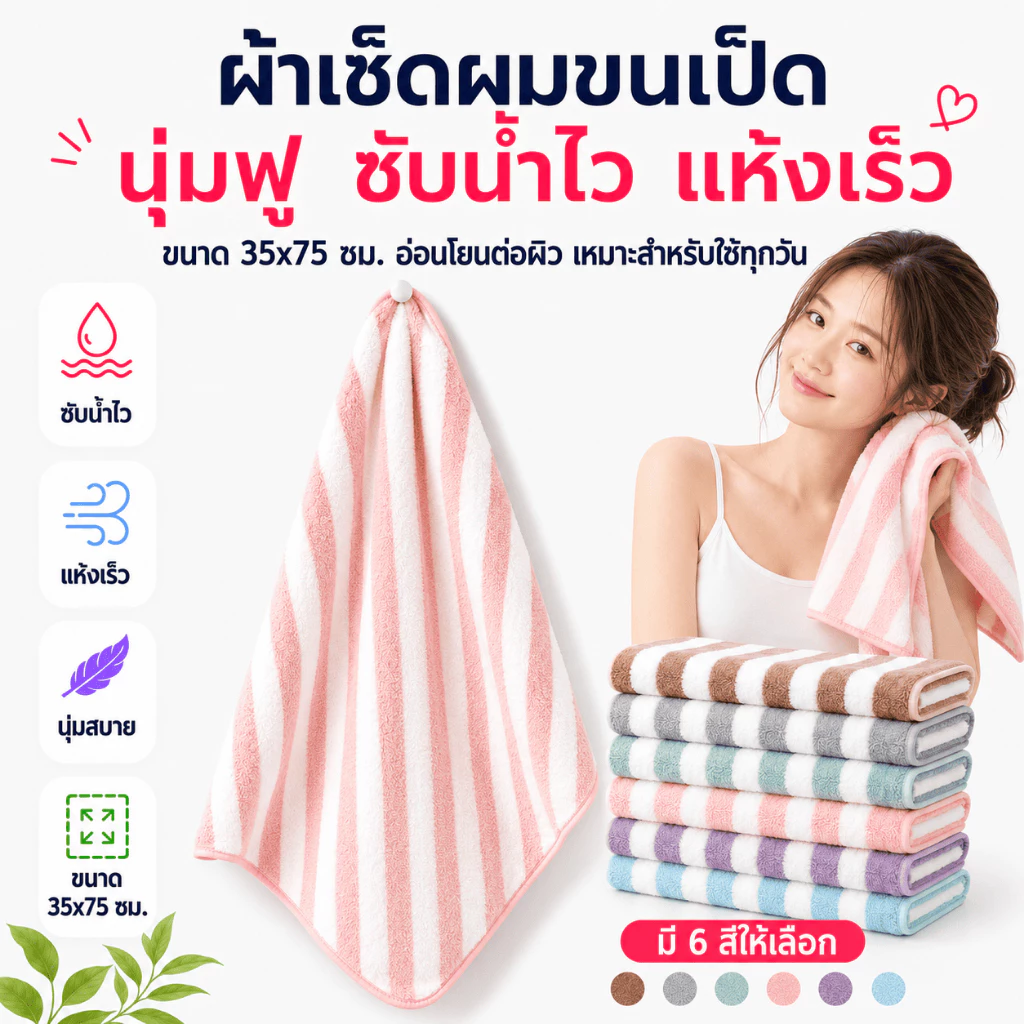 MJT-01【ขนาด 35x75 ซม】ผ้าขนเป็ด ผ้าขนหนู สำหรับเช็ดผม ผืนเล็ก ไม่ใช่ผืนใหญ่ ลายขวาง
