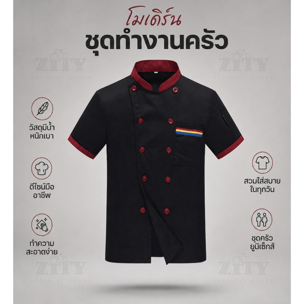 แจ็คเก็ตเชฟ Unisex สีดำแขนสั้น ชุดระบายอากาศ รูปที่ 7