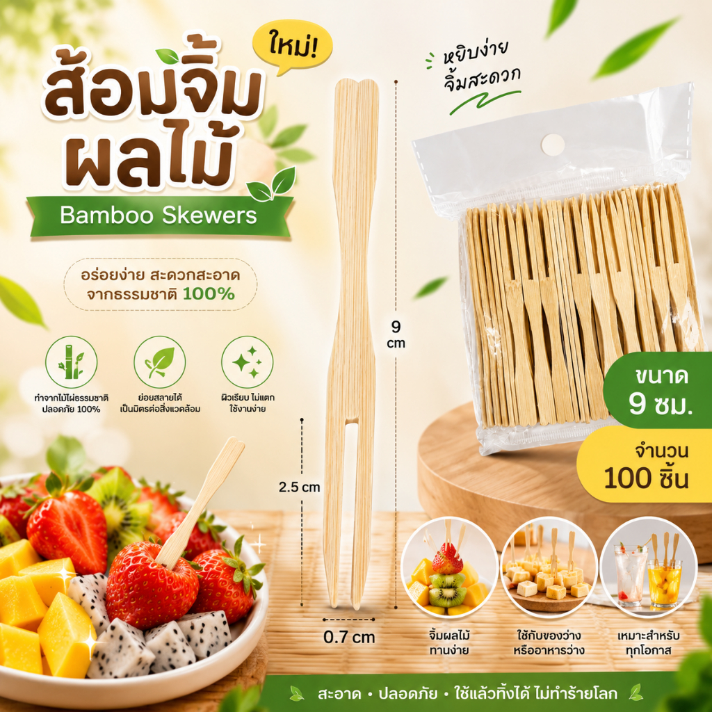 ส้อมจิ้มผลไม้ไม้ไผ่ 9 ซม. 100 ชิ้น ไม้จิ้มผลไม้ ไม้จิ้มอาหาร ไม้ไผ่ธรรมชาติ ใช้แล้วทิ้ง สำหรับปาร์ตี้ งานเลี้ยง คาเฟ่