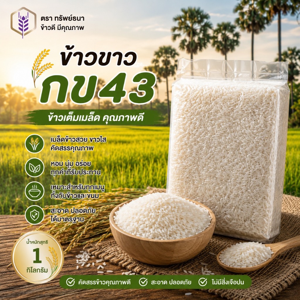 ข้าวขาวกข43 แพคสุญญากาศ1กิโลกรัม ตราทรัพย์ธนา อร่อย นุ่ม