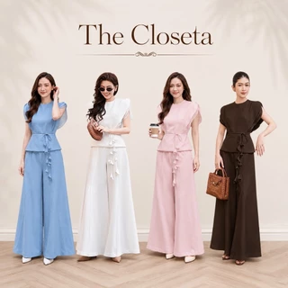 THE CLOSETA : LB635 ชุดเซ็ทเสื้อทรงแขนล้ำแต่งระบาย+กางเกงทรงขาบาน พร้อมเชือกผูกเอวดอกไม้