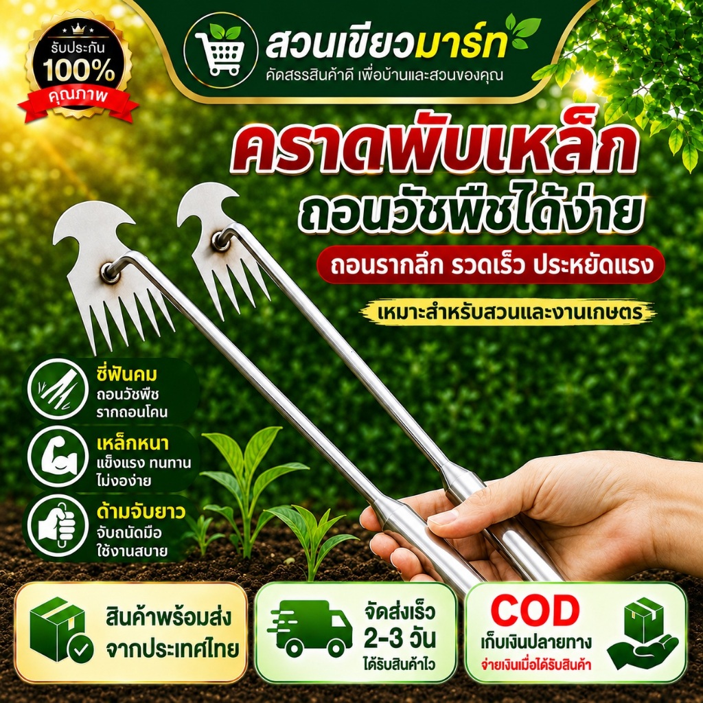 สวนเขียวมาร์ท （COD）คราดพับเหล็ก อุปกรณ์กำจัดวัชพืช ถอนรากลึก พรวนดิน เครื่องมือสวน แข็งแรงทนทาน ใช้งานง่าย สำหรับสวนและง
