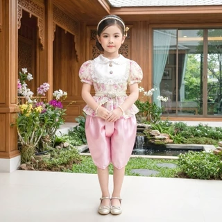 ชุดไทยเด็ก รุ่นโจงกระเบน+เสื้อแขนตุ๊กตาลายดอกไม้ ***ไม่รวมเครื่องประดับ***