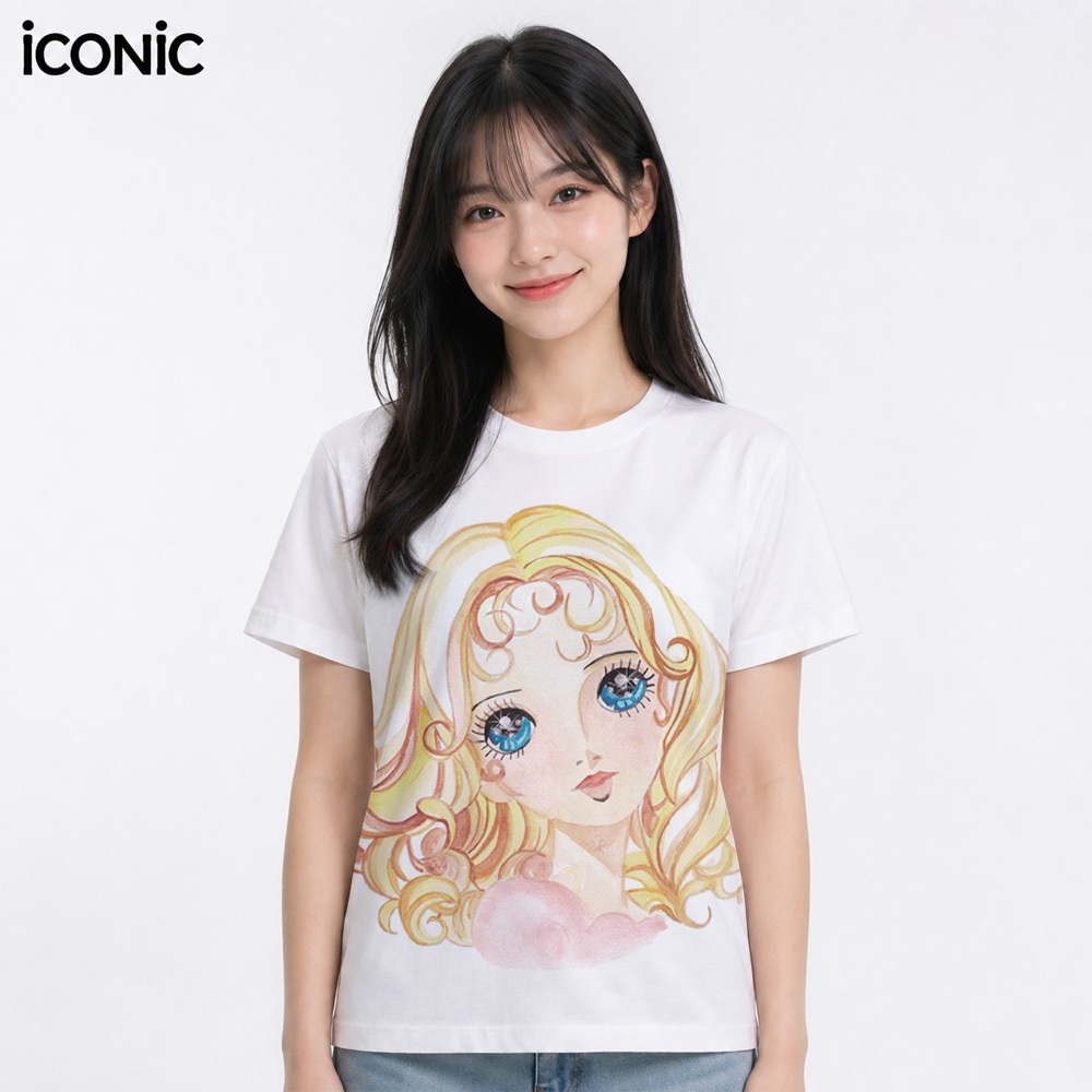 iCONiC KARINA T-SHIRT #7797 เสื้อยืด ลายตุ๊กตา ตาโต ผมทอง พิมพ์ลาย เสื้อยืดผญ