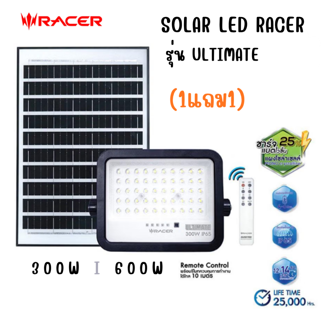 Racer : โคมฟลัดไลท์โซล่าเซลล์ IP65 แสงขาว LED SOLAR FLOODLIGHT ULTIMATE IP65 (1แถม1) 300W 600W