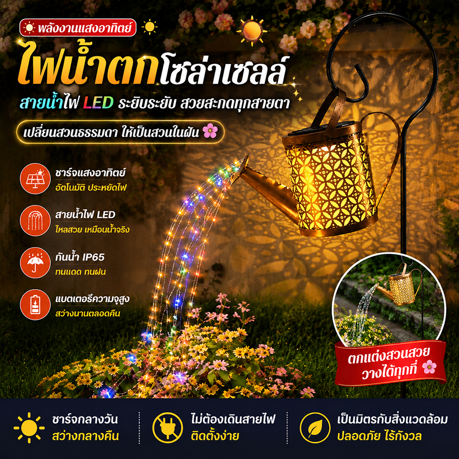 Keemart ไฟปักสนาม โคมไฟบัวรดน้ำ โคมไฟ LED พลังงานแสงอาทิตย์ สำหรับประดับตกแต่ง กันน้ำ