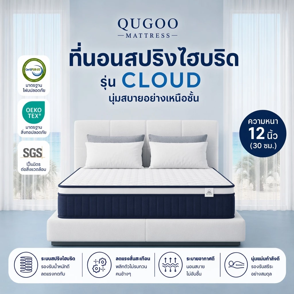 QUGOO ที่นอนสปริง M3 สีดำ มี 20/30 ซม. ให้เลือก คุ้มตั้งแต่เริ่มต้นจนถึงพรีเมียม แน่นทน นอนสบาย แถมหมอนฟรี 1 ใบ
