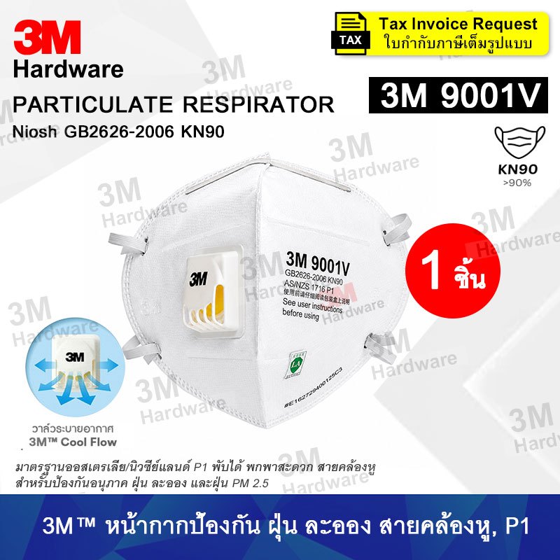 3M 9001V มีวาล์ว (1 ชิ้น) สายคล้องหู หน้ากากป้องกันฝุ่น ละออง กรองอนุภาคN95 แบบพับได้ P1