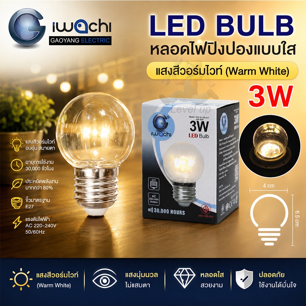 IWACHI หลอดปิงปอง(ใส) หลอดไฟ แสงสีวอร์มไวท์ 3W ขั้วE27 หลอดไฟตกแต่ง