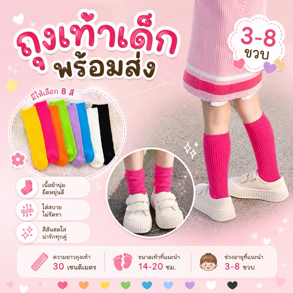 KC195 ถุงเท้าสีสดใส ถุงเท้ายาว 3-8 ขวบ กีฬาสี สินค้าพร้อมส่งในไทย