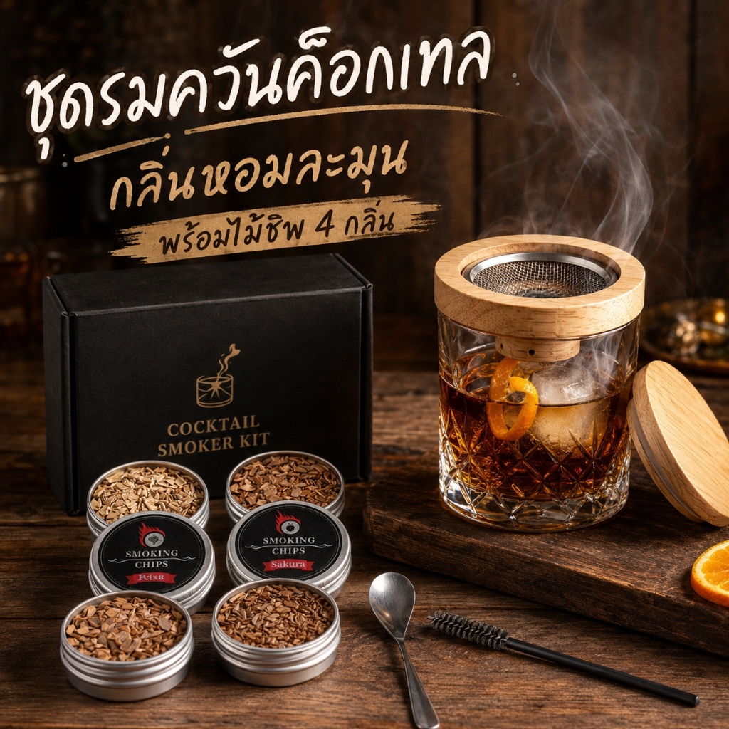 ชุดรมควันค็อกเทล 7 ชิ้น Whiskey Smoker มาพร้อมชิปไม้ 4 กลิ่น + ที่กรองควัน เหมาะกับวิสกี้ บูร์บอง และเครื่องดื่มทุกชนิด