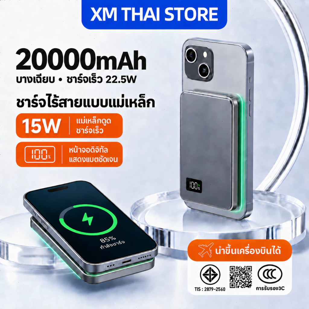 [CCCการรับรอง]Powerbank เล็กที่สุด แบตสํารอง Magnetic 20000mAh Mini พาวเวอร์แบงไร้สาย พาวเวอร์แบงค์ แสดงผลดิจิตอล