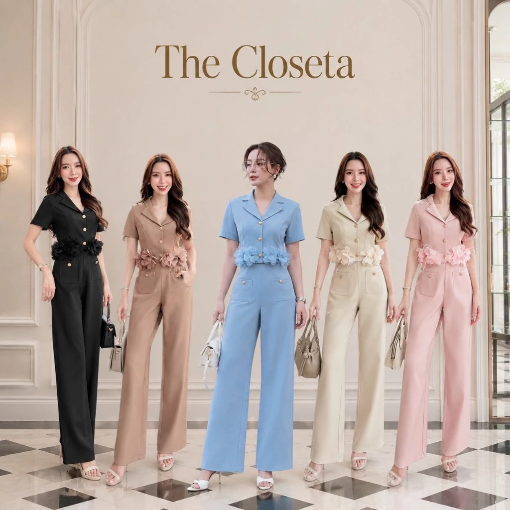 THE CLOSETA : LB579 ชุดเซ็ทเสื้อคอปกสูทแขนสั้นแต่งดอกไม้รอบขอบเอว มาพร้อมกางเกงขายาวทรงขากระบอก