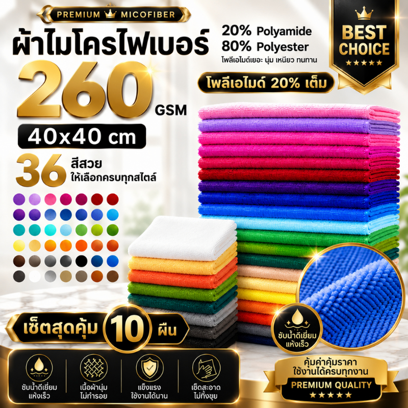 (SET10ผืน) ผ้าไมโครไฟเบอร์ 260 GSM 40x40 ซม. โพลีเอมายด์ 20% เต็ม ซับน้ำดี ไม่เป็นขุย เช็ดรถและกระจก ผ้าเนื้อฟู