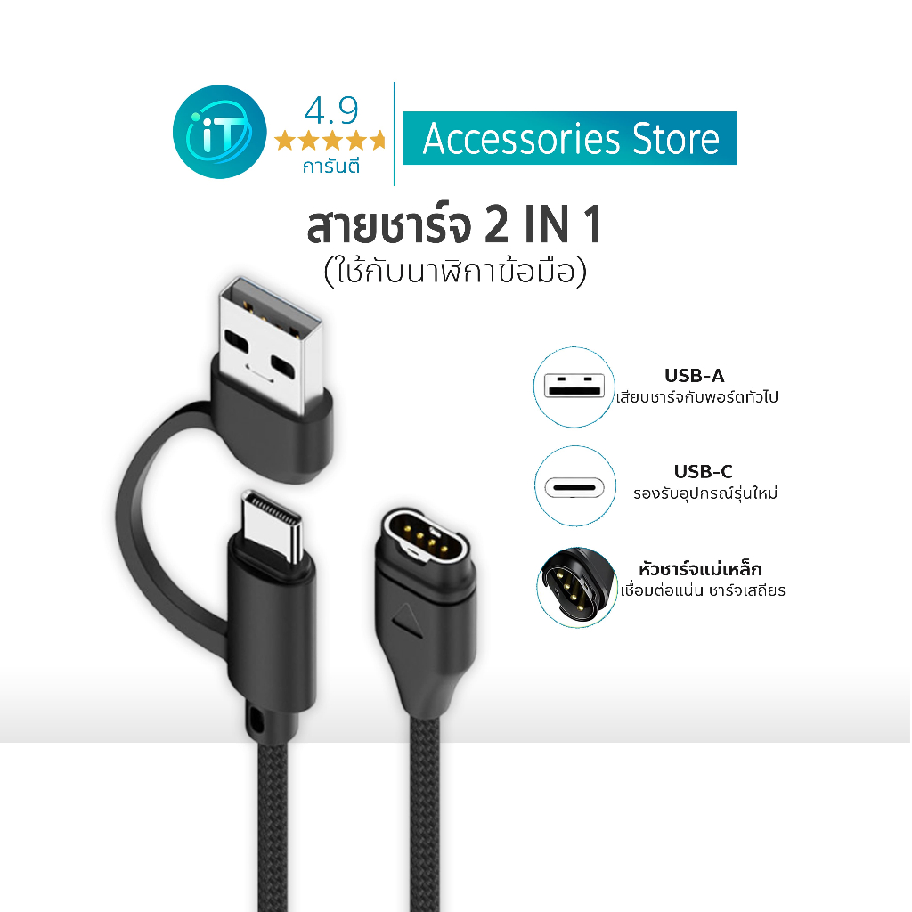สายชาร์จ 2in1 ใช้ทดแทน Forerunner 165/170/245/255/935/Fenix 6/ 7X 7 7s Epix 5/6 แบบตรง (TYPE-C & USB)ไนลอนถัก