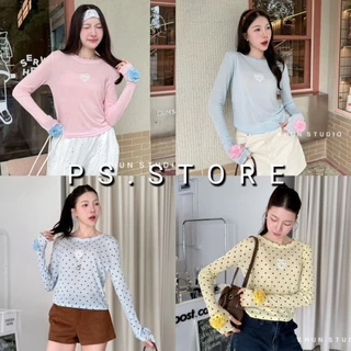 Ella : (ผ้าบาง)เสื้อครอปแขนยาวคอกลม ดีเทลปักใจ แต่งดอกไม้ตรงปลายแขน