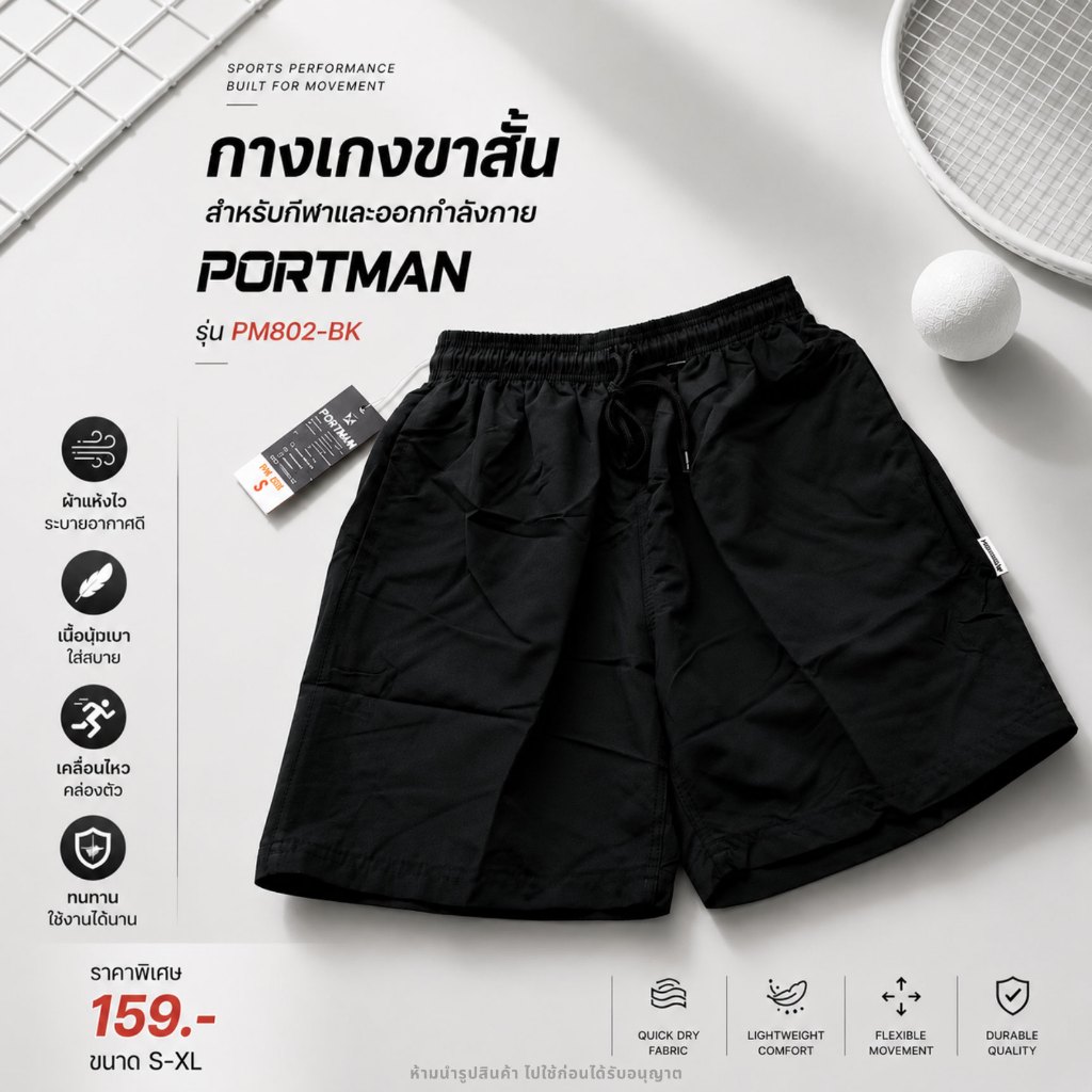 สินค้าพร้อมส่ง กางเกงขาสั้น 2 ส่วน Portman สีดำ สำหรับกีฬาและออกกำลังกาย รหัส PM802