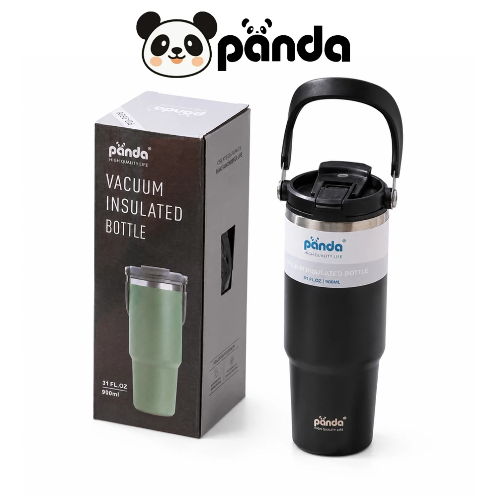 PANDA(ของแท้) แก้วเก็บความเย็น ฝา2หัว 900ML รุ่นมีหูหิ้วมีหลอด เย็น 304 เก็บความร้อน สแตนเลส พร้อมหลอด พร้อมส่งจากไทย