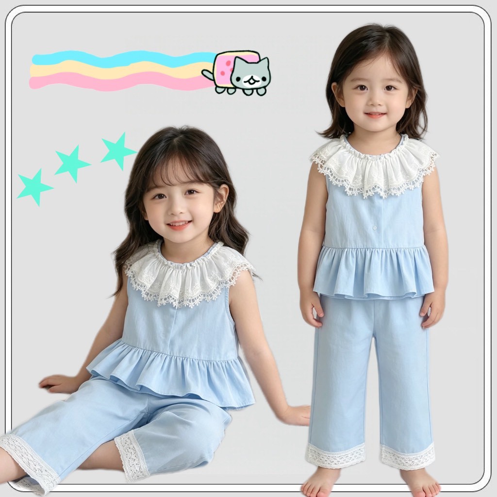 MC359 ชุดสีฟ้าเด็กผู้หญิง เสื้อปีกระบายลูกไม้คอ กางเกงขอบลูกไม้ ผ้านุ่มระบายอากาศ ของขวัญวันแม่