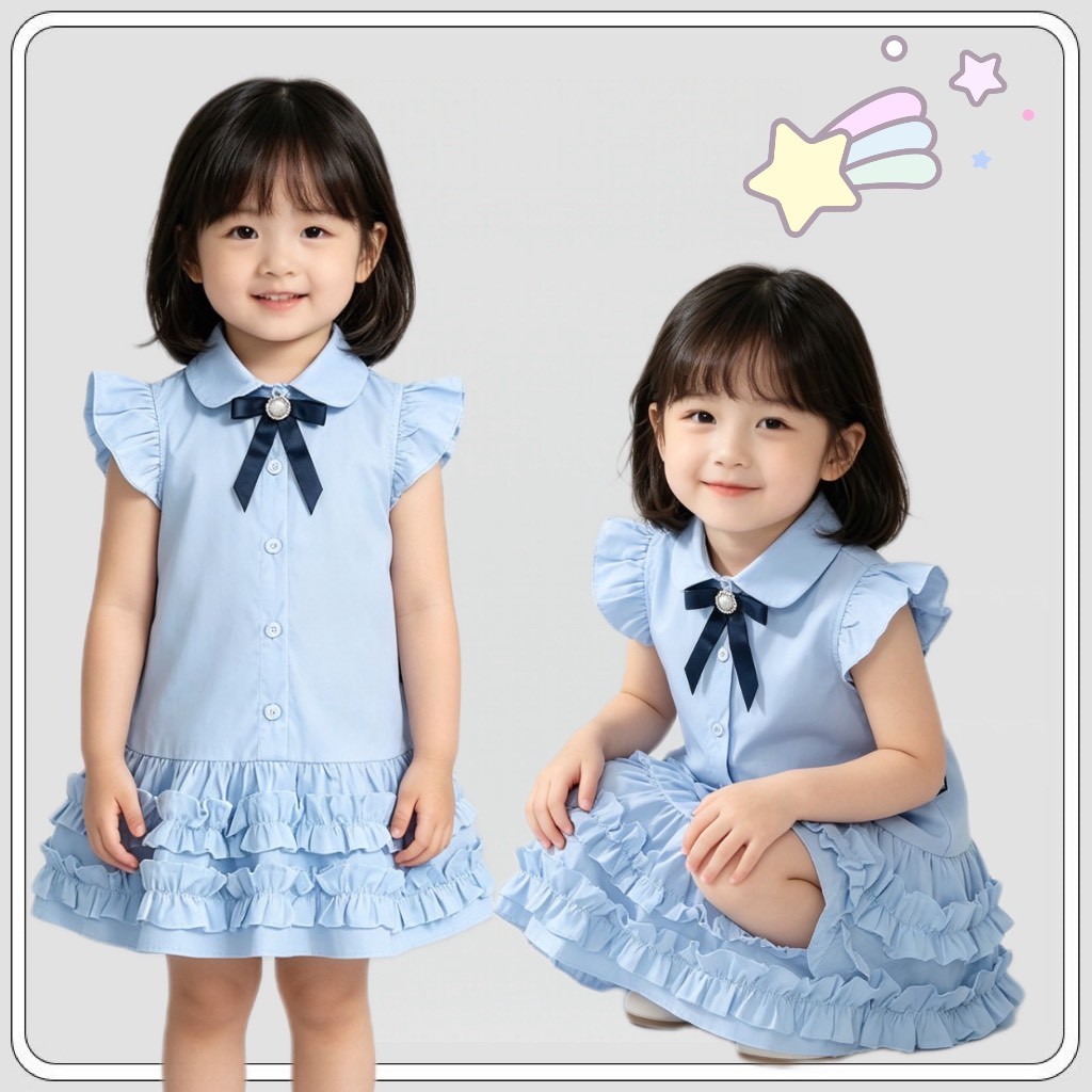 MC361  ชุดเดรสเด็กสาวสีฟ้าสไตล์หวาน คอปกเรียบง่าย กระโปรงลูกไม้หลายชั้น เหมาะใส่ไปเที่ยว ของขวัญวันแม่