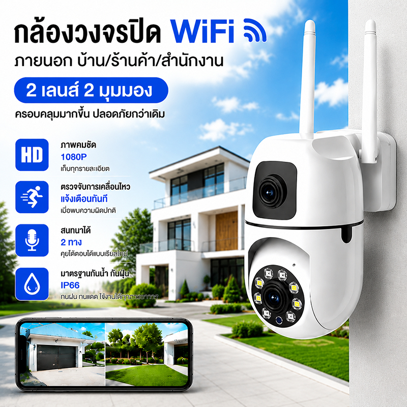 V380 Pro กล้อง IP กล้องวงจรปิดกลางแจ้ง เลนส์คู่ ความละเอียด Full HD อัจฉริยะ Wifi หมุนภาพได้ 360° พร้อมระบบเสียงสองทาง