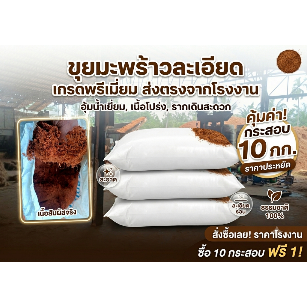 ขุยมะพร้าวแท้ 100% เกรด A ส่งตรงจากโรงงาน (ยกกระสอบคุ้มค่า 7-10 กิโลกรัม) สะอาด ร่อนละเอียด อุ้มน้ำดีเยี่ยม
