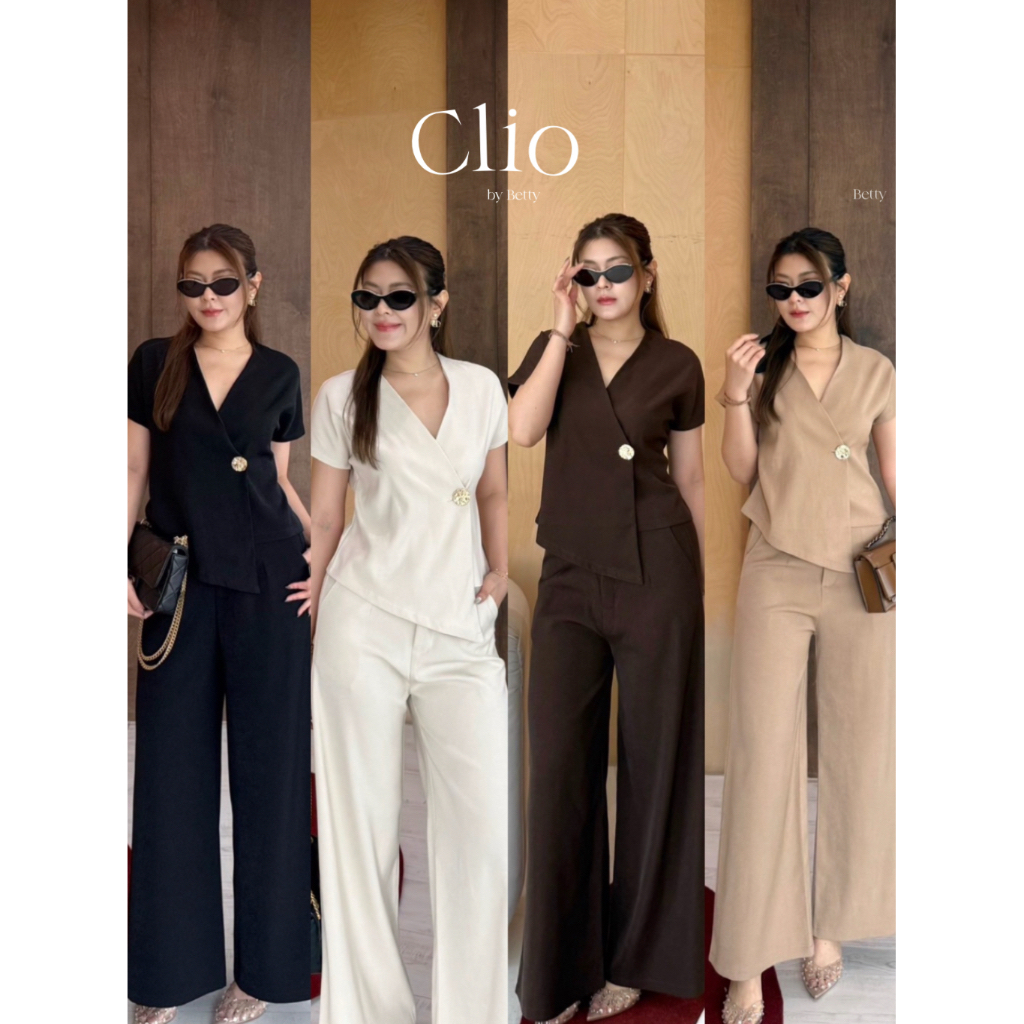 Clio Set⭐️(ส่งด่วน🚚)ชุดเซ็ตเสื้อแขนสั้น ติดกระดุมใหญ่สีทองมีกิมมิกในตัว พร้อมกางเกงขายาว by betty
