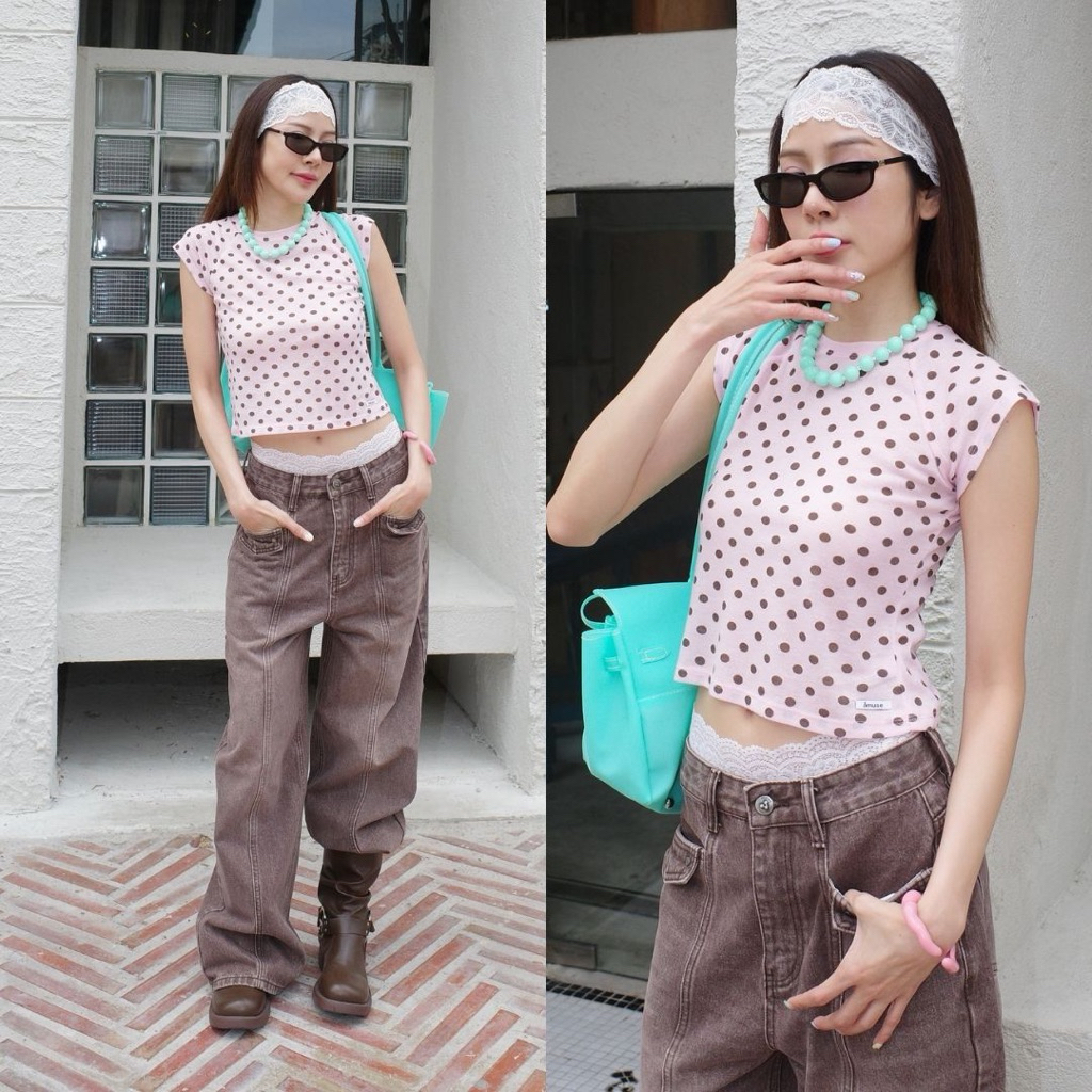 AMUSE BKK - Minnie Dot Baby Tee เสื้อครอปลายจุดแขนล้ำ ผ้าเจอร์ซี่เนื้อบางกึ่งซีทรู เก็บทรงสไตล์ชิคๆ