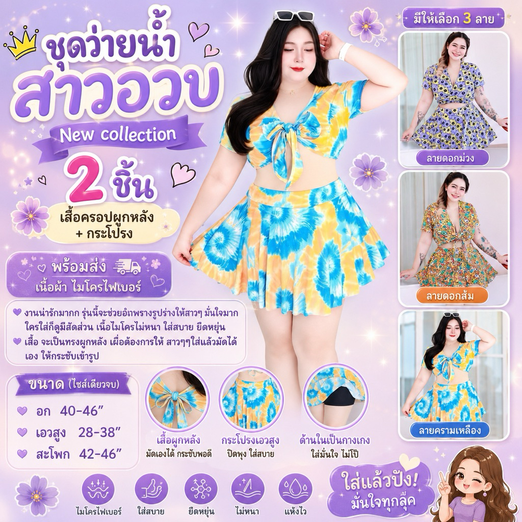 ชุดว่ายน้ำ2ชิ้นไซส์สาวอวบอ้วน เสื้อผูกหลัง กางเกงกระโปรง (ไมโคร)