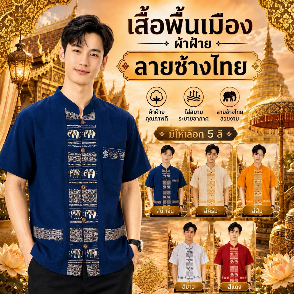 เสื้อลายช้างผู้ชาย 5กระดุม(มีทั้งหมด10สี)