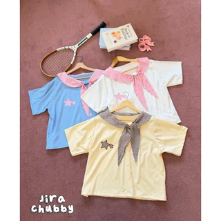 (🎀shopee video & liveมีส่วนลด+ส่งฟรี🎀) เสื้อยืดสาวอวบอ้วนผ้ายูนิ้วโคล่ แต่งสก็อต น่ารักมาก ตรงช่วงอกมีน้องดาว2ดวง(38-50)
