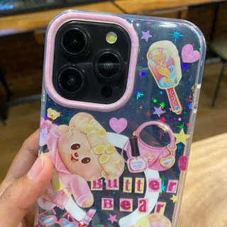 เคสอะครีลิคสกรีนลายน้องหมี มีที่ชาร์จไร้สาย แต่งโฮโลแกรมดาว ขอบนิ่ม งานเงา ปุ่ม Camera control ปิด