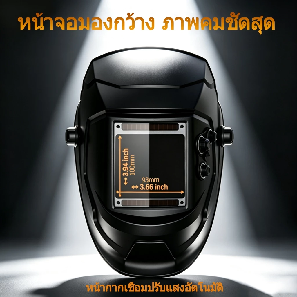 หมวกเชื่อมปรับแสงอัตโนมัติ หน้าจอใหญ่กว้าง 3.94x3.66 นิ้ว 4 เซนเซอร์ตรวจจับอาร์ค พลังงานโซลาร์+ลิเธียม ปรับระดับความเข้ม