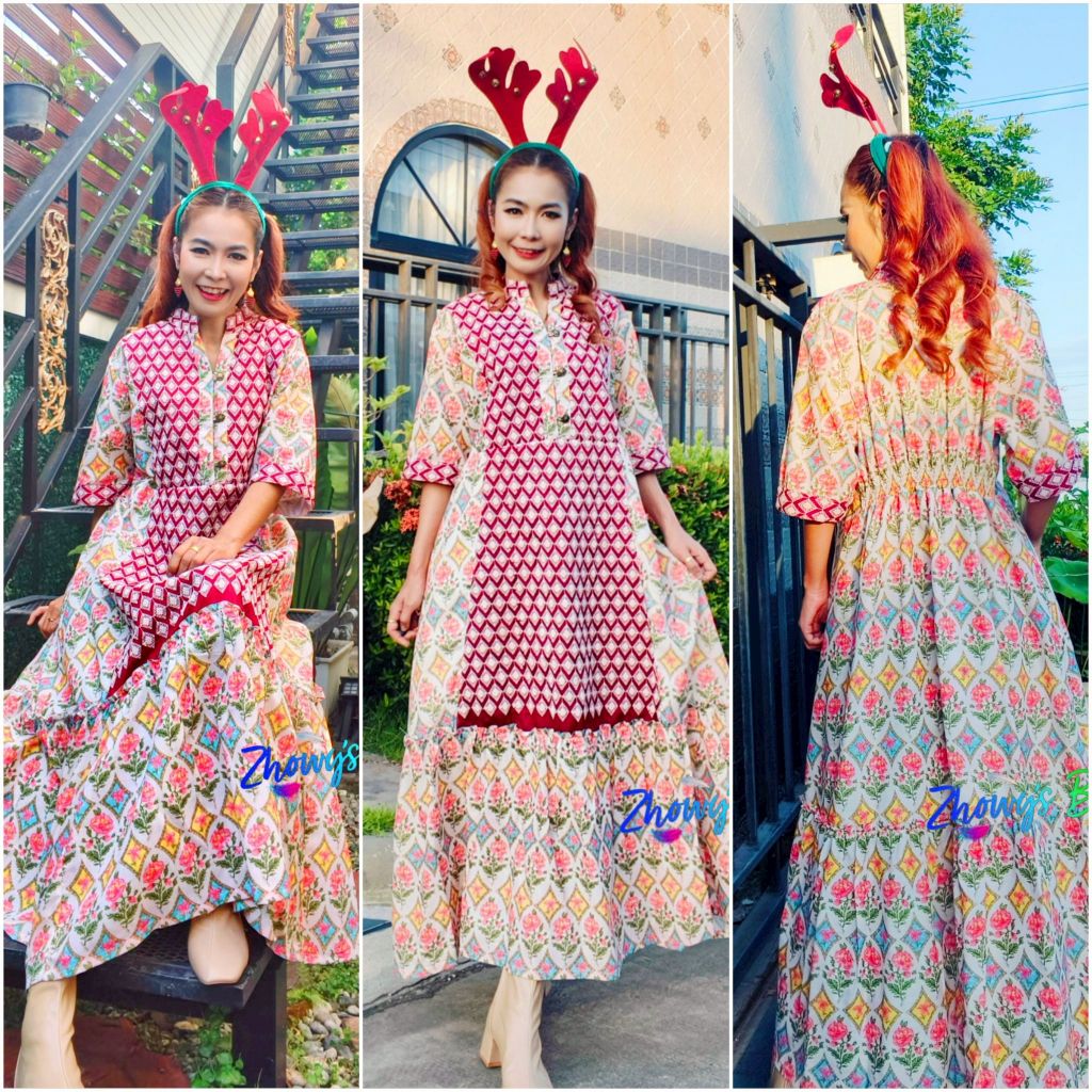 K78 Zhowy's Happy ชุดเดรสผ้าคอตตอนอินเดียสีสันเหมาะกับโอกาสพิเศษ  แต่งผ้าปักอินเดียสีแดง โดดเด่น เบา