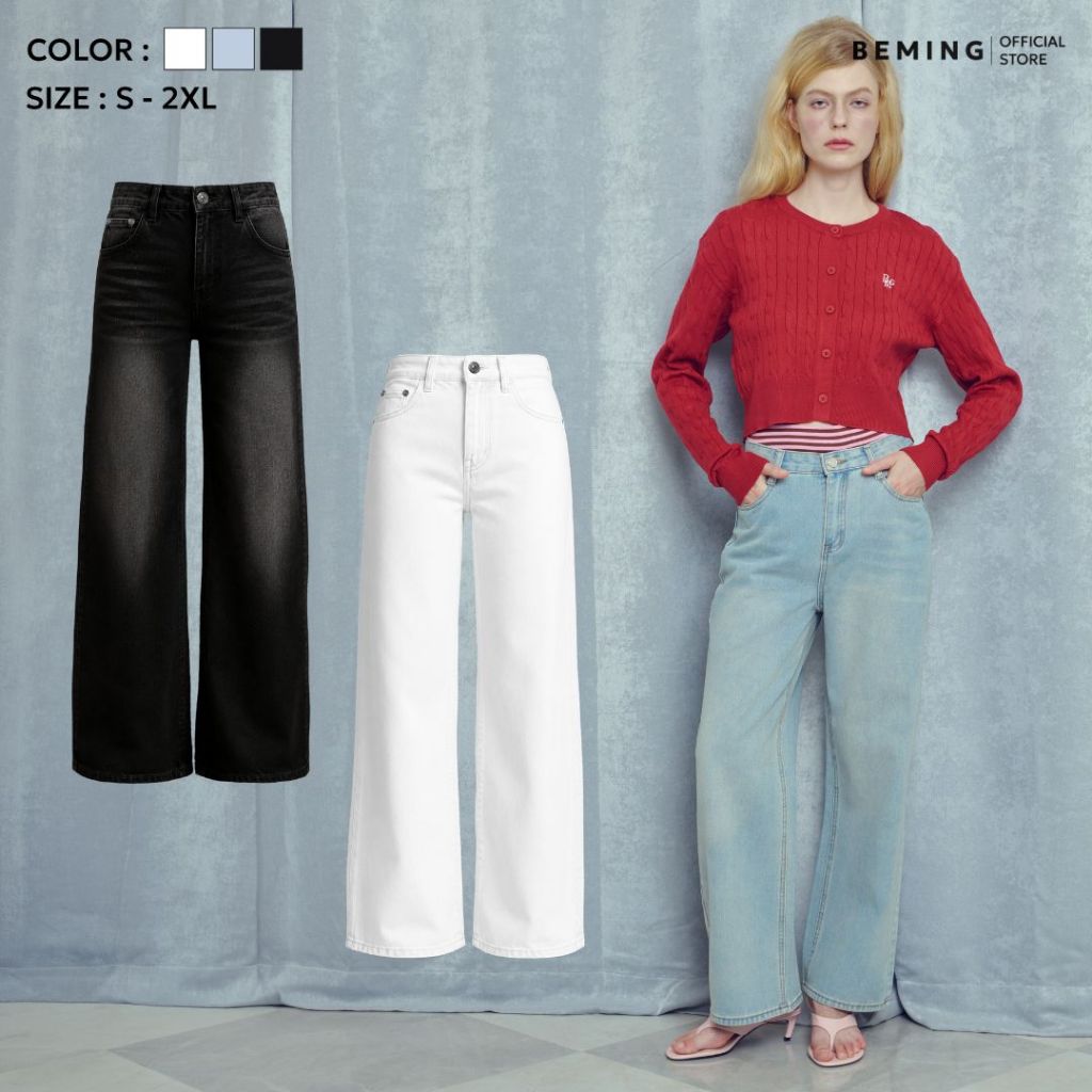 Bemingjeans101(S-2XL)-Beddy Jeans - กางเกงยีนส์เอวต่ำทรงขากว้างดีไซน์ใส่สบายให้ลุคดูเท่และมีสไตล์