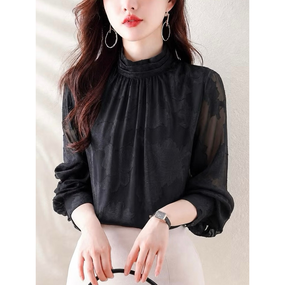 A32 เสื้อสีดำคอปีน ผ้าชีฟองลายแจ็คการ์ด พร้อมส่ง