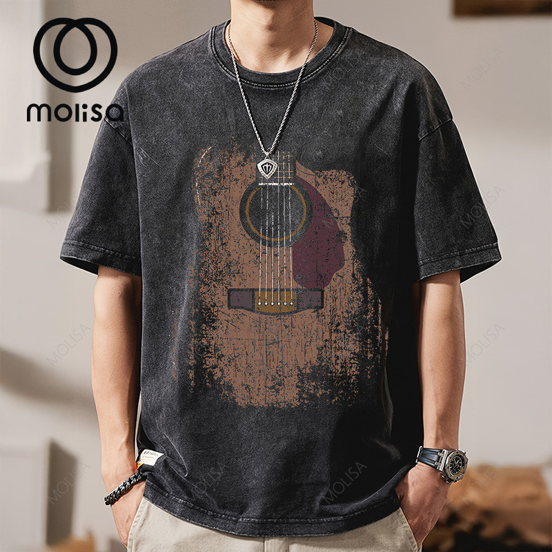 Molisa เสื้อยืดโอเวอร์ไซส์ Guitar pattern Streetwear เสื้อยืดผ้าฟอก oversize เสื้อ ผ้าหนา สวยอยู่ทรง 68307#