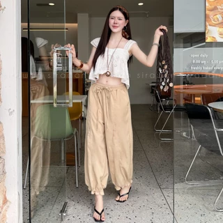 💰Mahahengcloset💰กางเกงขาจั๊มชายระบาย ตีเกล็ดหน้า ผ้าครัช เอวยางยืด ทรงสวย พรางหุ่น ใส่ได้ทุกไซส์