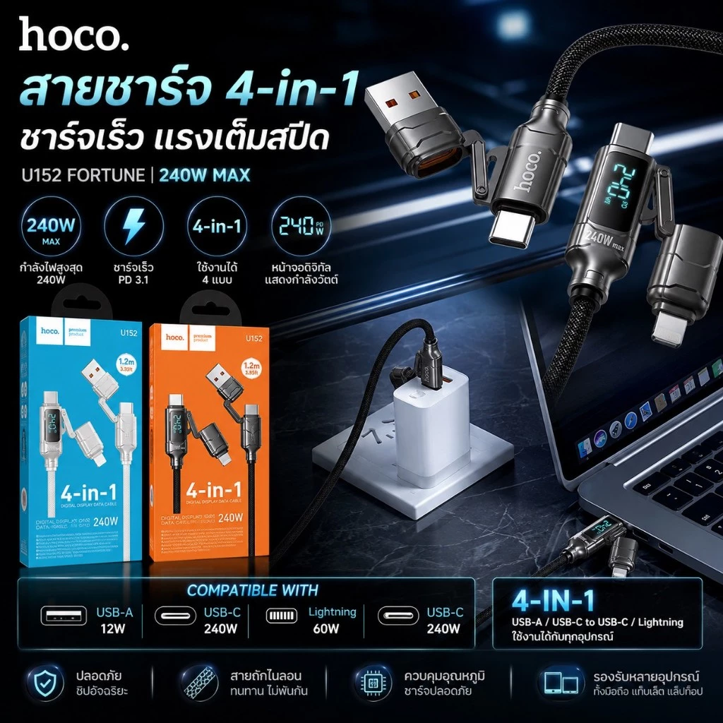 สายชาร์จและถ่ายโอนข้อมูล 4in1 HOCO U152 พร้อมหน้าจอดิจิทัล ชาร์จเร็ว ส่งข้อมูลเสถียร ทนทาน ไม่หักงอง่าย