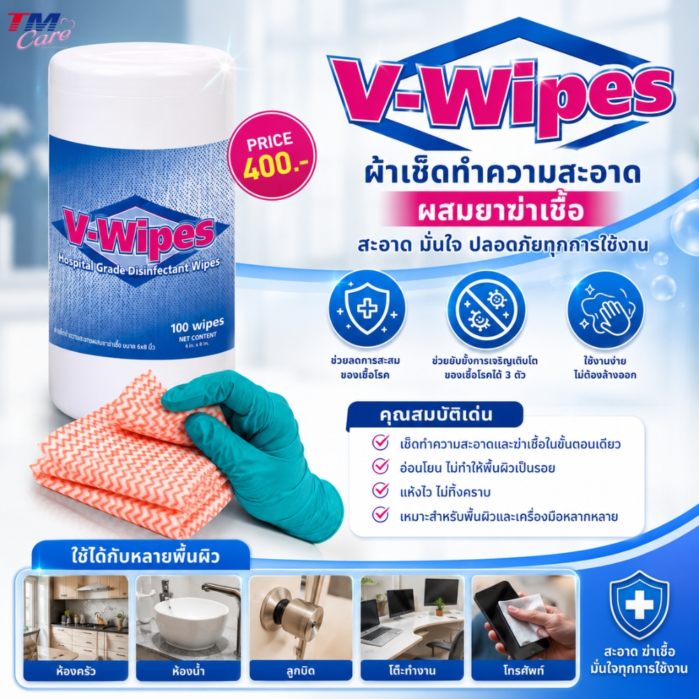 V-WIPES แผ่นเช็ดทำความสะอาดและฆ่าเชื้อโรค 1 กระปุก