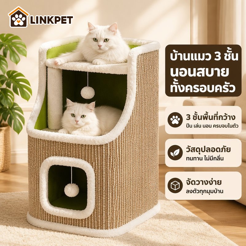 บ้านแมวขนาดใหญ่ หลุมนอนแมว คอนโดแมว 3ชั้น สไตล์นอร์ดิกที่เรียบง่าย ไม่กินพื้นที่ ความชื้นหลักฐาน