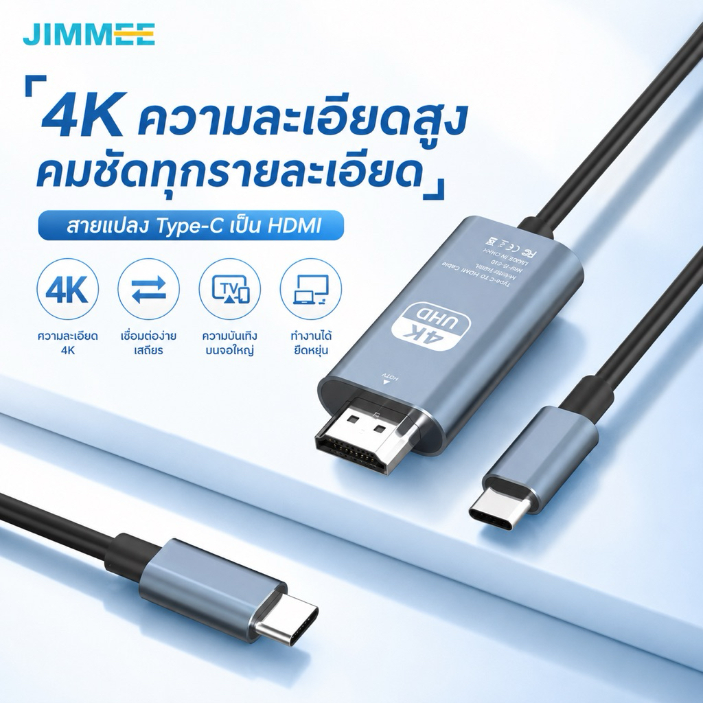Jimmee HDMI สายแปลง USB Type-C to DisplayPort 4K@30Hz ต่อจอภาพ โปรเจคเตอร์ และทีวี รองรับภาพคมชัด Plug & Play