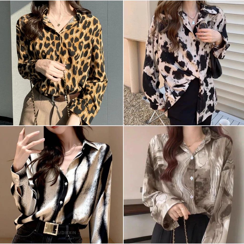 เสื้อเชิ้ตผู้หญิงแขนยาว ผ้าไหมอิตาลี ลายเสือ ลายวัว ลายม้าลาย ทรงโอเวอร์ไซซ์ ใส่ทำงาน ใส่เที่ยว แฟชั่นเกาหลี