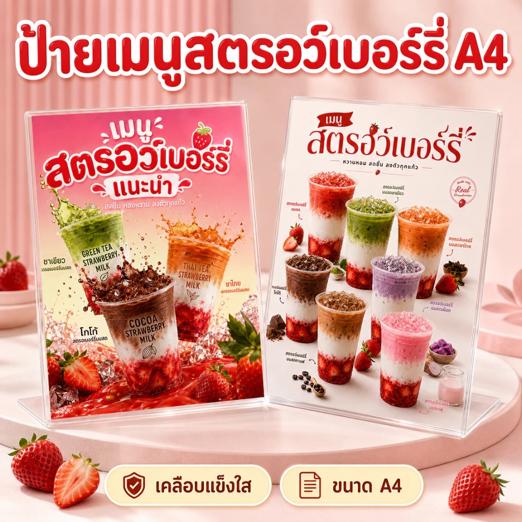 ป้ายเมนูสตรอเบอร์รี่ A4 เคลือบแข็งใส ป้ายเมนูสำเร็จรูป